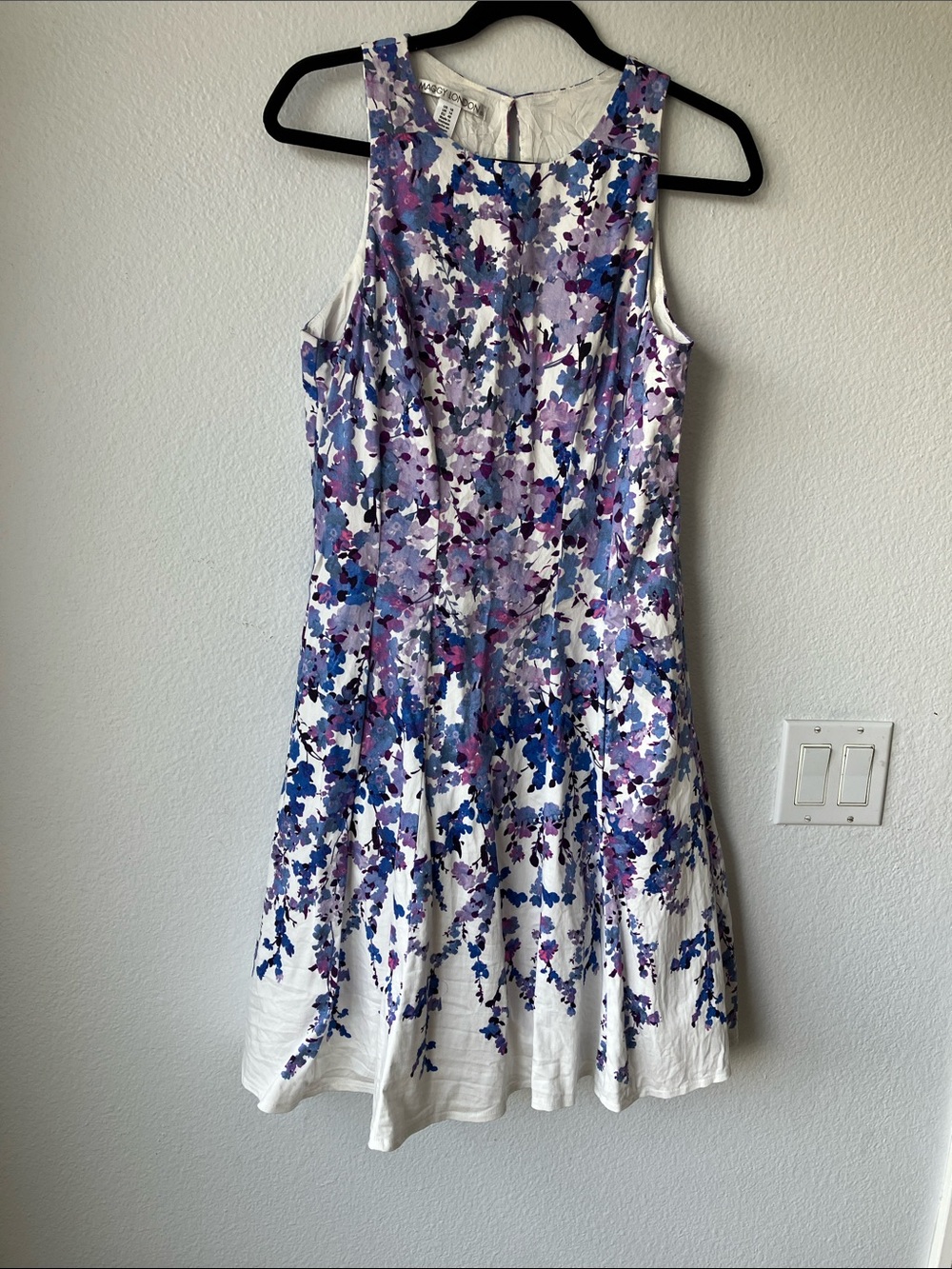 Maggy London Day Dress Floral Fit & Flare White with Blue & Purple Print